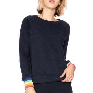 SUNDRY Navy Crewneck Rainbow Cuff Sweatshirt, Sz 0 (XS)